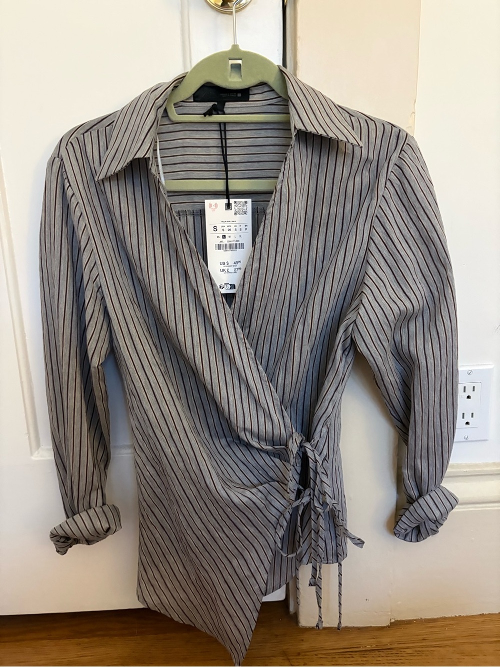 Zara Striped Wrap Blouse in Light Gray with Black Pinstripes